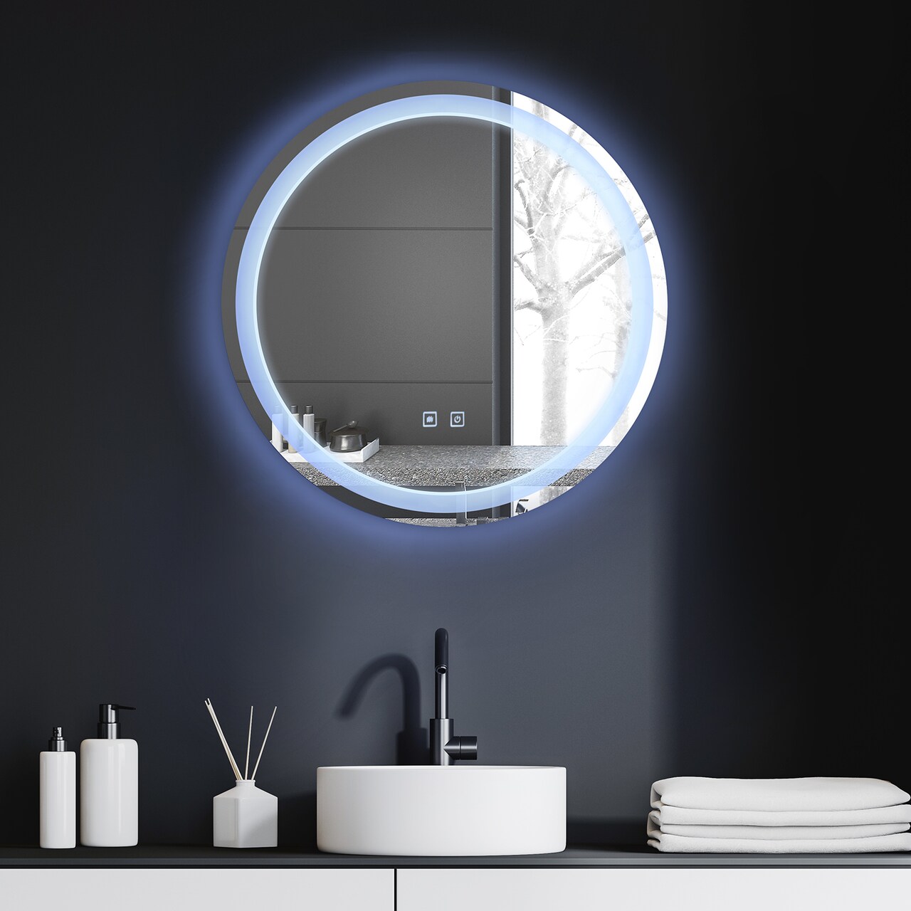 Modern LED Bathroom Mirror with Touch Sensor Wall Mount Vanity Mirror for Home Decor, US Plug, Polished Glass Frame, Sleek Design for Contemporary Bathrooms, Bathroom Vanity Mirror